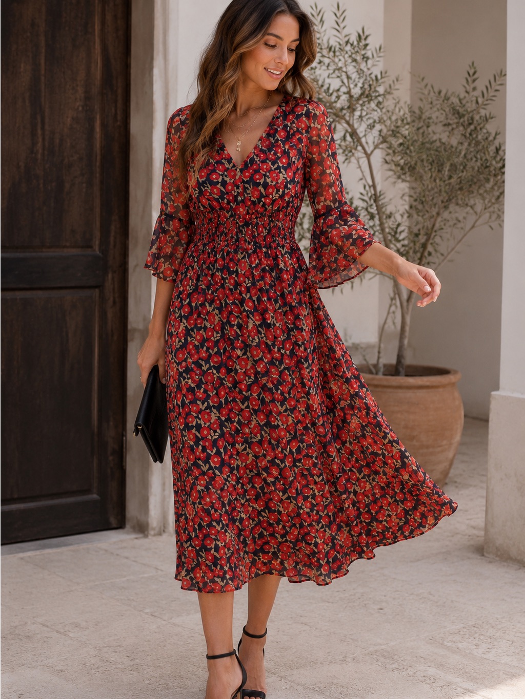 The Cause Collection Doheny Blue Silk Red Floral Ruched Waist Maxi Dress
